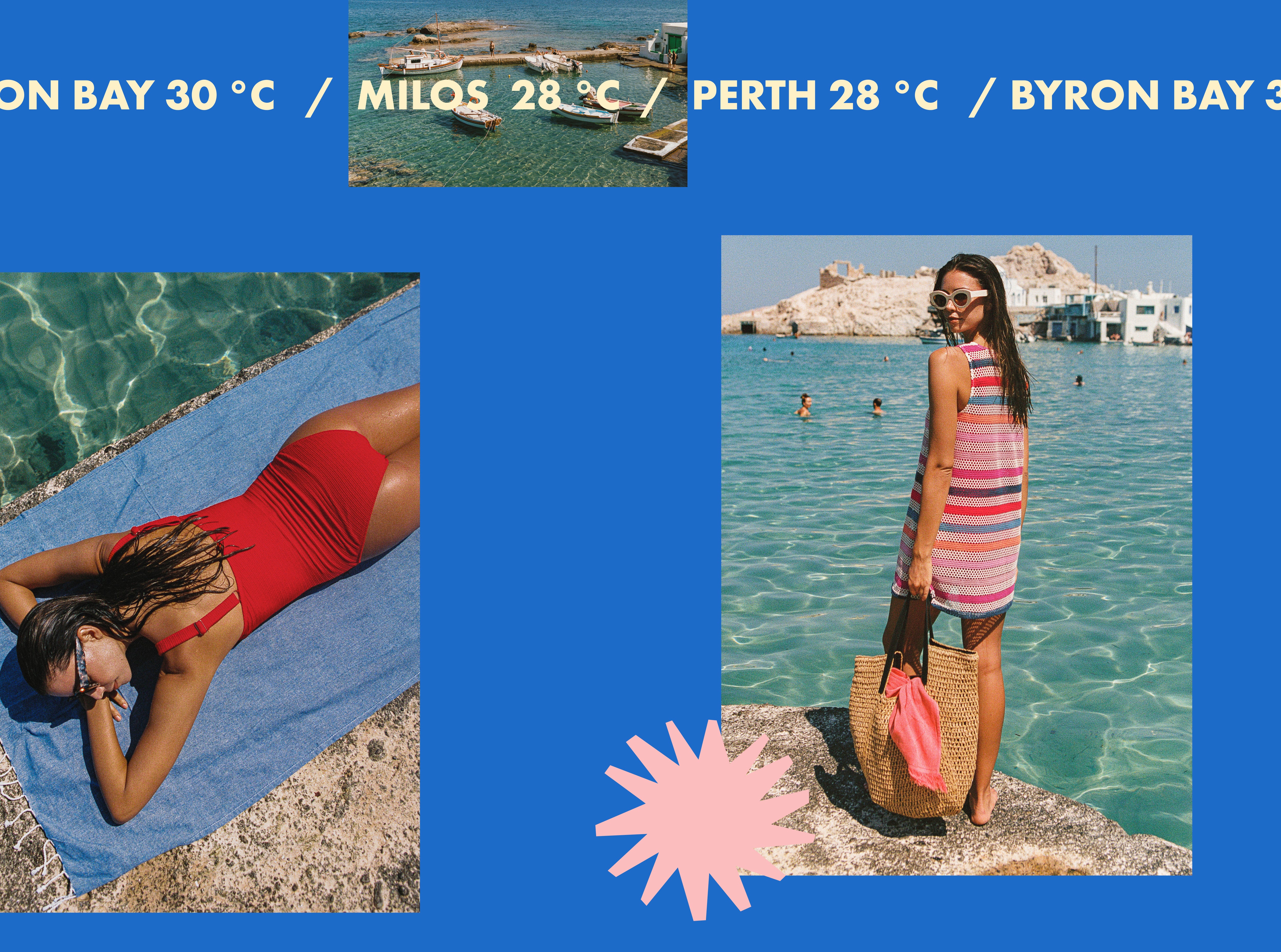A collage-style travel/lifestyle graphic with a bright blue background, temperature text for Byron Bay, Milos, and Perth, and two fashion photos. The left photo shows a woman lying on a blue towel in a red one-piece swimsuit by the water.