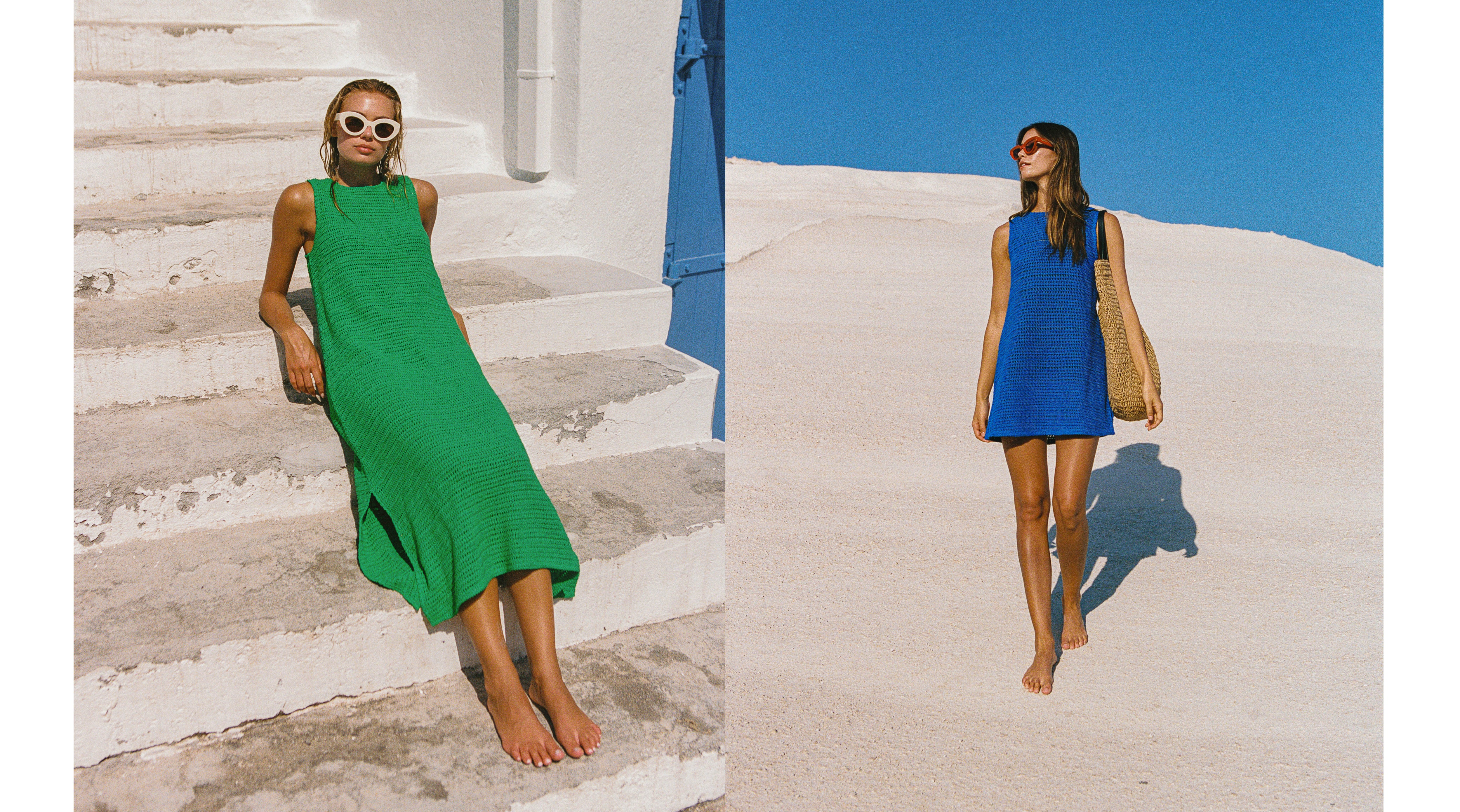 A split-screen lifestyle image showing a model wearing a sleeveless, textured mini dress in two different vibrant colors: a bright green on white Mediterranean-style stairs, and a royal blue walking on white sand under a clear blue sky. She is also shown wearing a tan woven shoulder bag.