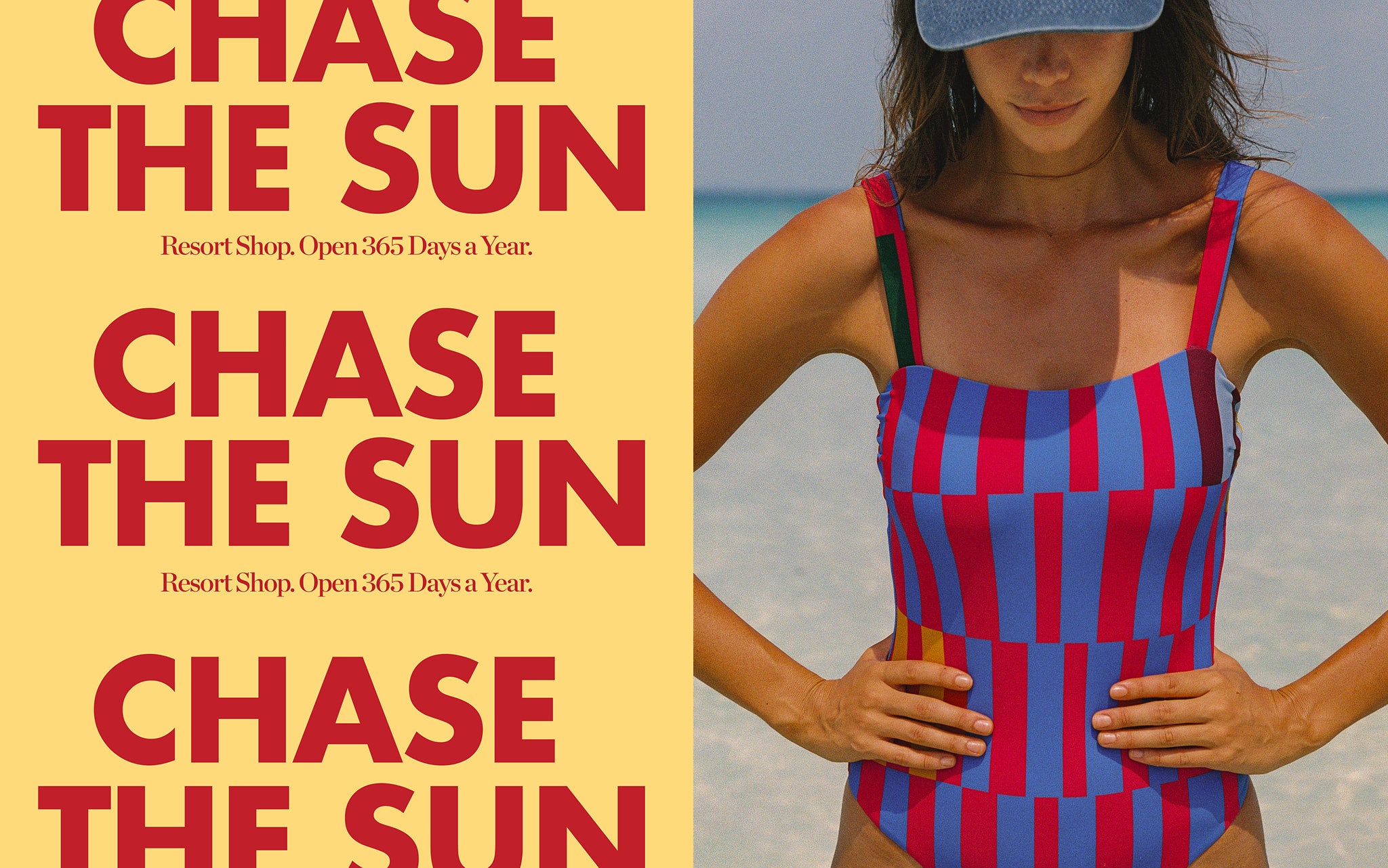 Woman in a colorful swimsuit on a beach with 'Chase the Sun' text overlay.