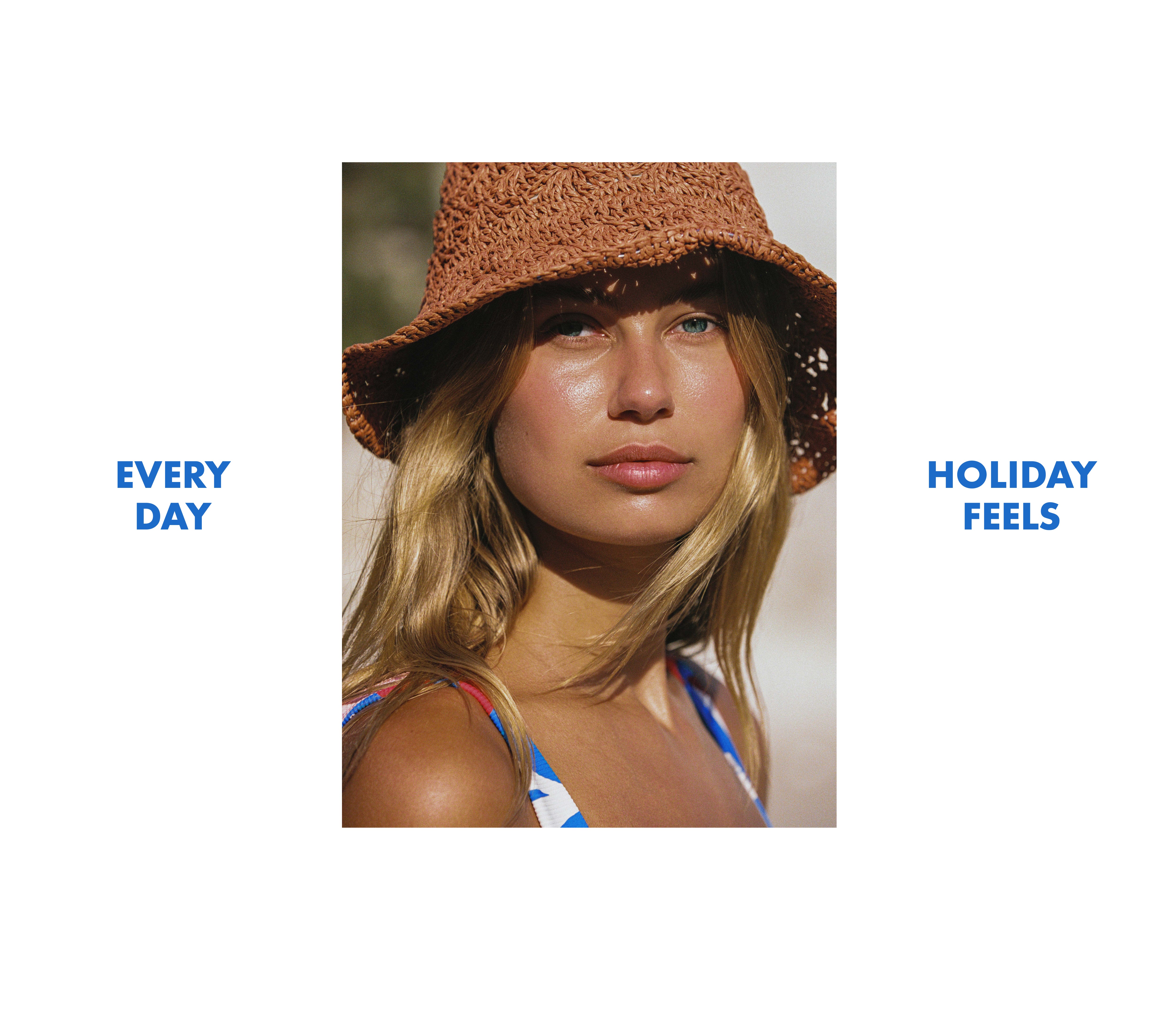 A square art print or poster featuring a portrait of a woman wearing a brown woven hat, with the text 'EVERY DAY' on the left and 'HOLIDAY FEELS' on the right, centered on a white background.