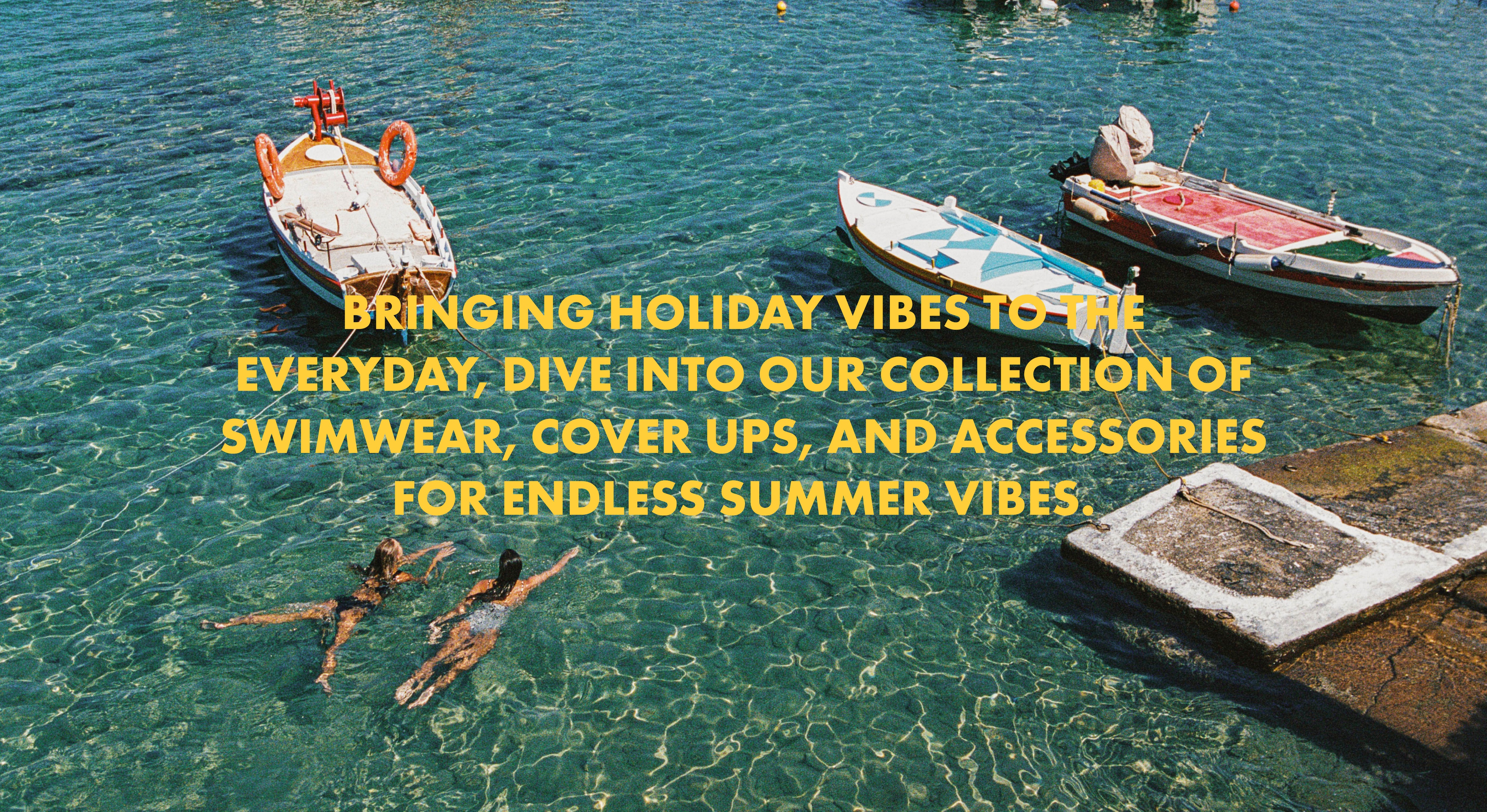 A sunny coastal scene with two people swimming in clear turquoise water beside small boats, overlaid with yellow text promoting swimwear, cover-ups, and accessories.