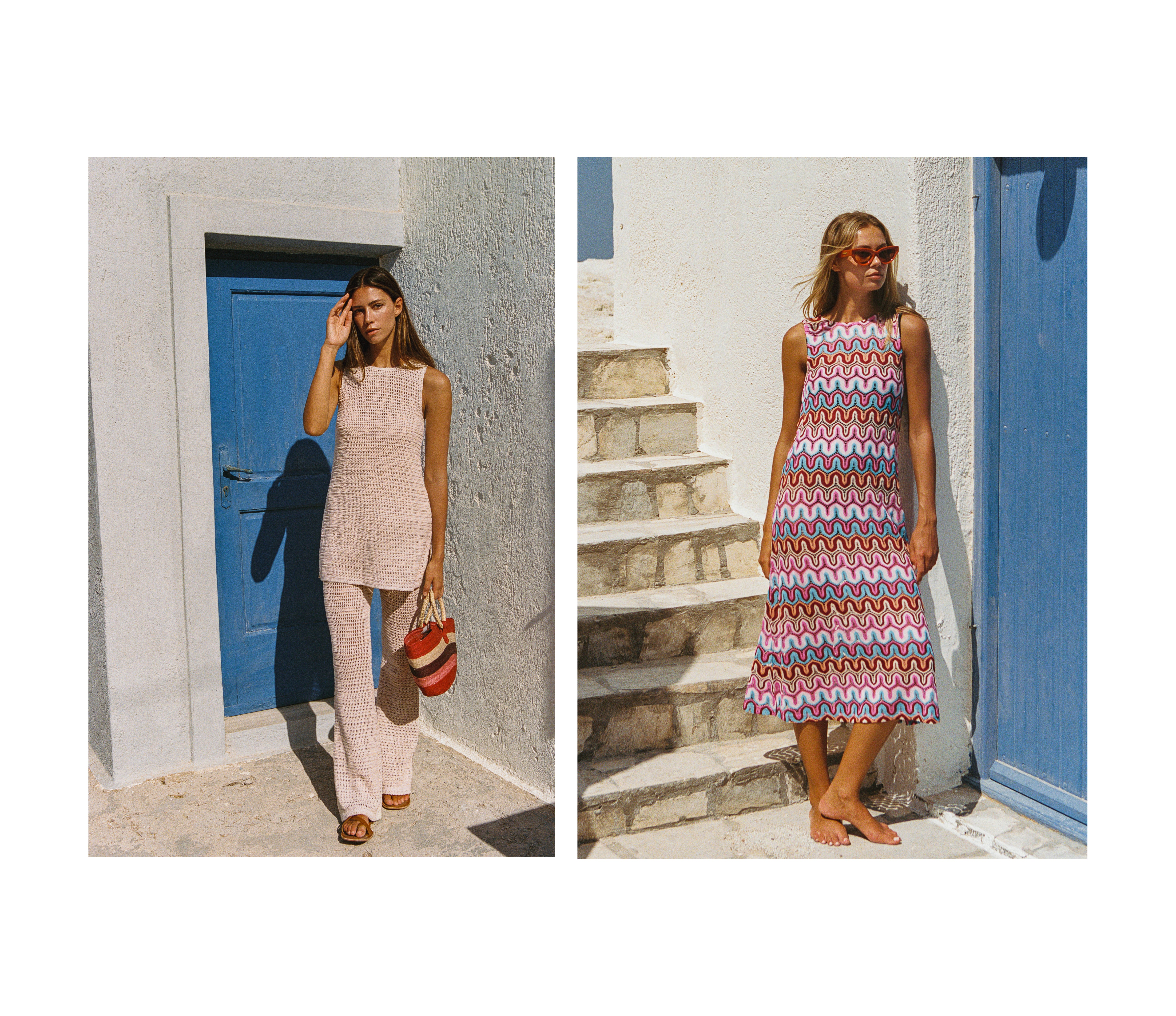 A side-by-side collage shows a woman modeling a sleeveless knit dress in two outdoor settings. On the left, she wears a light pink knit dress with matching wide-leg pants and a striped bag, standing beside a white wall and blue door.